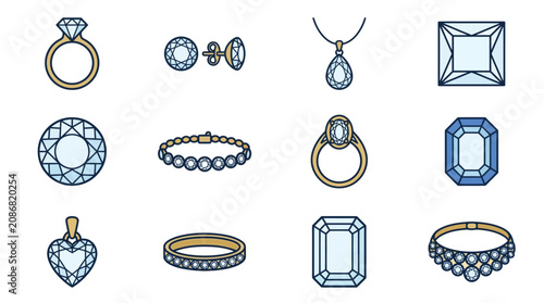 Bild auf Leinwand A collection of various jewelry icons including rings necklaces bracelets and loose gemstones