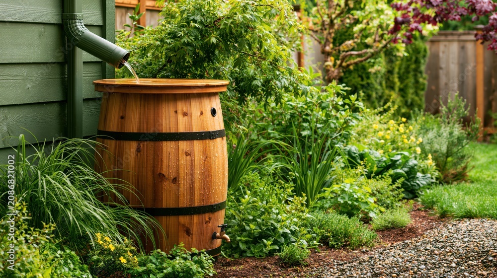 Obraz premium A wooden rain barrel collects water from a green house