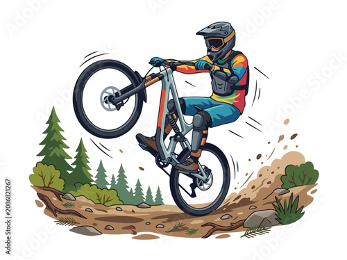 Fotografía Flat style vector illustration of mountain downhill biker performing a wheelie on a rugged forest trail with dynamic action and flying dirt