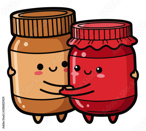 Peanut butter and jelly jars hugging as best friends cartoon vector illustration