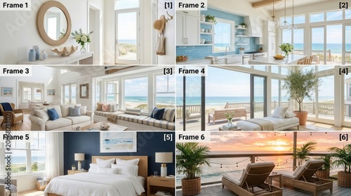 A luxurious beachfront hotel room with a large bed, sofa, and balcony overlooking the ocean at sunset.
