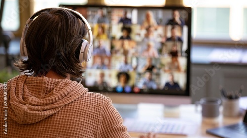 A person wearing headphones participates in a video conference call on a computer in a bright office setting.