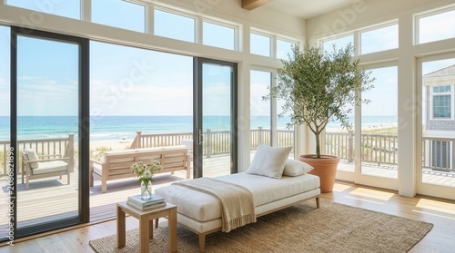 A serene beach house interior with a comfortable daybed, wooden table, and potted tree overlooking the ocean through large windows.