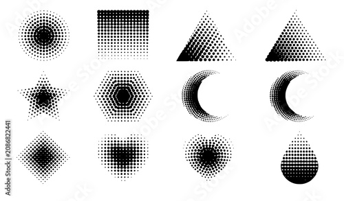 Geometric shapes halftone dot gradient design elements set vector isolated on white