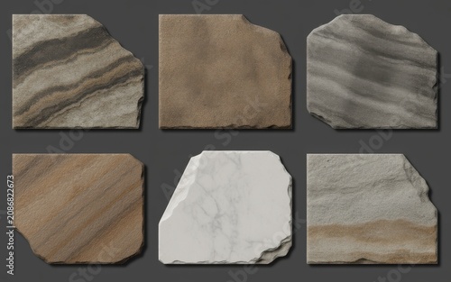 Collection of rough textured stone and rock surfaces with pixelated green moss