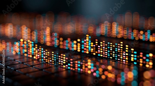 Colorful bokeh lights form abstract bar graph shapes over a dark keyboard surface, representing data visualization and digital technology.