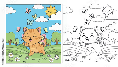 Fotografie Cute Happy Orange Tabby Cat Fairy with Wings Running in a Sunny Meadow