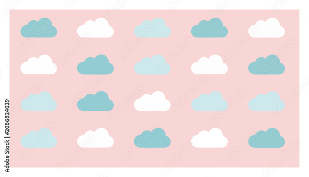 Fototapeta premium Seamless pattern with cute fluffy clouds on pink background