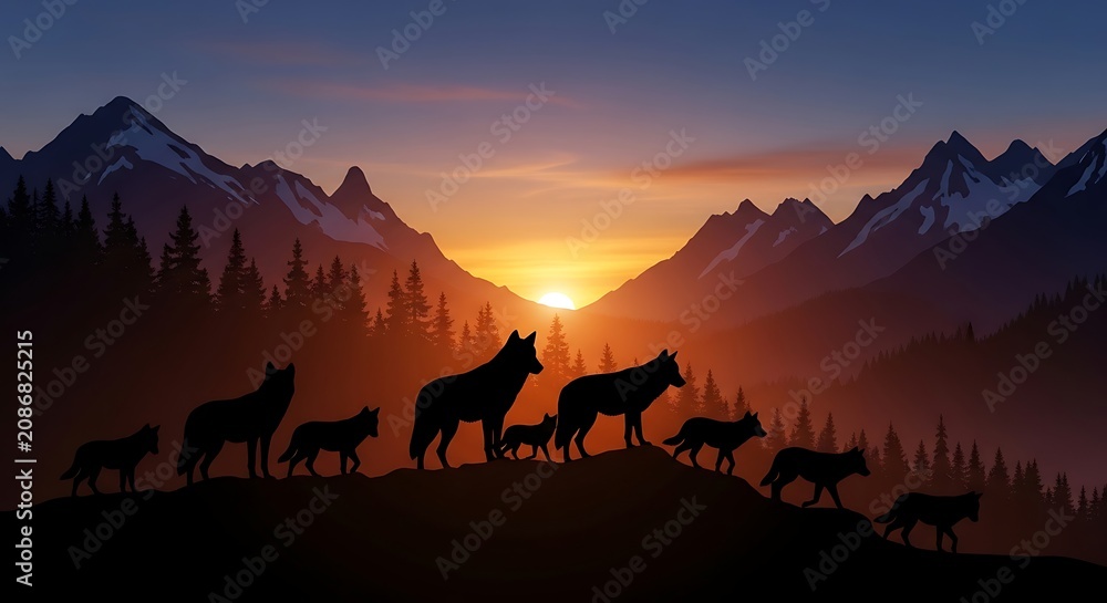Fototapeta premium Silhouetted Wolf Pack Walking Across Mountain Ridge at Sunset