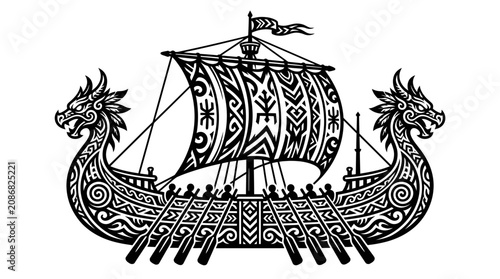 Photos Viking Ship Illustration - Dragon Head Longship with Rowers and Ornate Sail