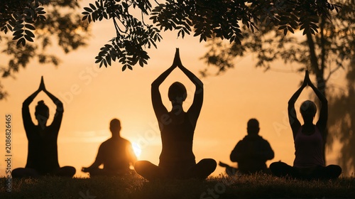 Silhouetted group practicing yoga meditation at sunrise under tree branches in a peaceful outdoor setting.