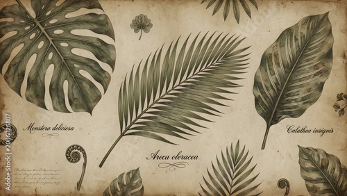 Vintage botanical illustration showcasing various tropical leaves, including Monstera deliciosa and Areca catechu, with their scientific names elegantly written on aged, textured paper.
