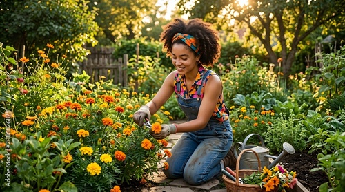 Woman Harvesting Fresh Vegetables in Sunny Organic Garden with Flowers