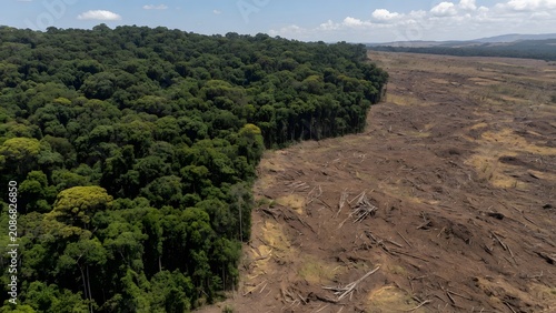 Dramatic aerial view of a dense green forest meeting a starkly deforested landscape, illustrating the severe impact of human activity on natural ecosystems and the environment.