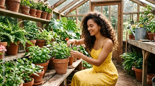 Woman Tending Potted Plants in Bright Sunlit Greenhouse with Lush Foliage
