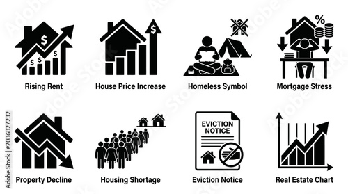 Quadro su tela Real estate and housing market icons illustration showing property trends, inves