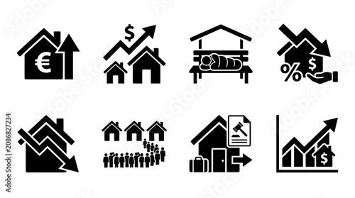 Foto Real estate and housing market icons illustration showing property trends, inves