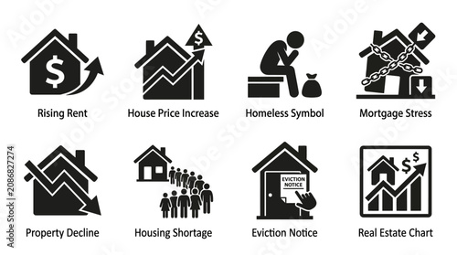 Schilderij op canvas Real estate and housing market icons illustration showing property trends, inves