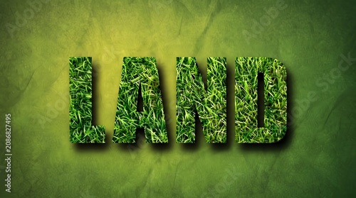 Vibrant green grass texture inside bold 'land' text on nature inspired background for environmental awareness with against matching green