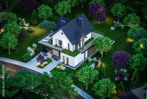 3d rendering of contemporary architectural luxury house exterior at night. Modern Scandinavian style family home, dramatic exterior lighting and garden landscaping at twilight