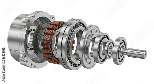 Exploded view of a complex mechanical assembly revealing internal components like bearings, shaft, and electromagnetic coils.