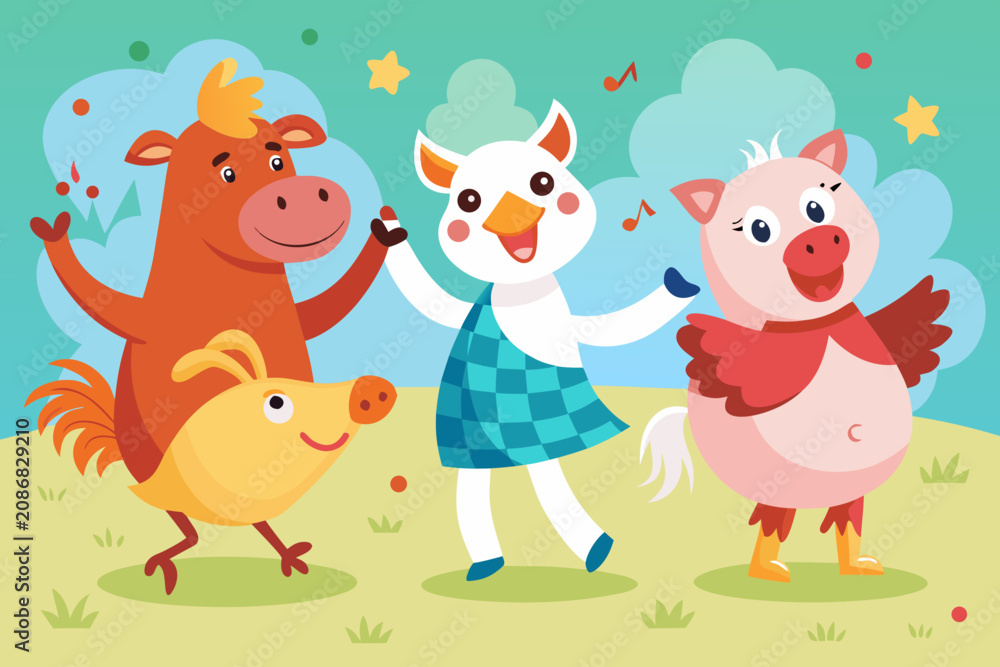 Naklejka premium Dancing farm animals, rooster, pig, cow, duck Vector, illustration . 