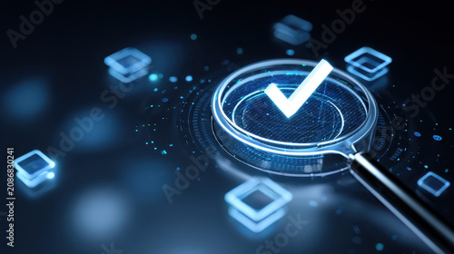 Holographic Certification Icons Orbiting Magnifying Glass and Checkmark
