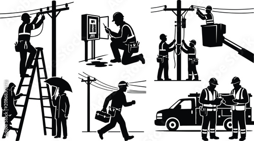 Electricians working on utility poles and lines