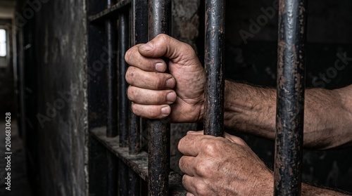 Close-up of dirty hands gripping metal bars of a dark prison cell