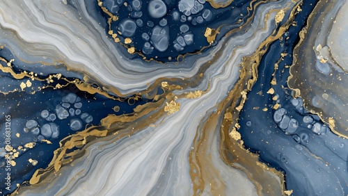 Abstract background featuring wavy patterns of blue, gray, and gold colors, showcasing a dynamic fluid art design with intricate marbling and sparkling accents.
