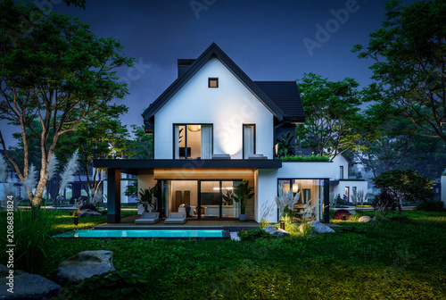 3d rendering of contemporary architectural luxury house exterior at night. Modern Scandinavian style family home, dramatic exterior lighting and garden landscaping at twilight