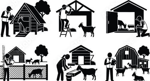 Schilderij op canvas Farm life with goats and barn chores illustration
