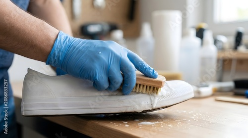 Sneaker cleaner uses a wooden brush and blue latex gloves to scrub the side of a white athletic shoe on a wooden workbench.