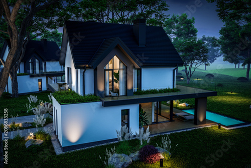 3d rendering of contemporary architectural luxury house exterior at night. Modern Scandinavian style family home, dramatic exterior lighting and garden landscaping at twilight