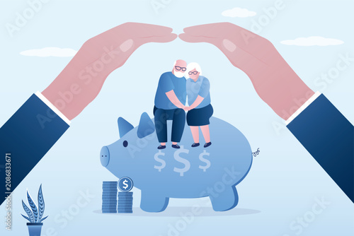 Bild auf Leinwand Elderly couple sits together on large blue piggy bank while giant caring hands form protective roof over them, secure retirement savings and financial care