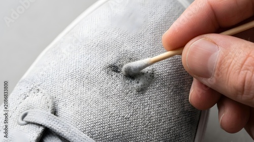 Sneaker maintenance is performed by a hand utilizing a cotton swab to precisely clean the grey fabric upper.