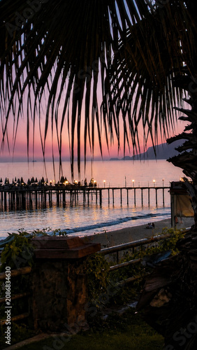 serene sunset over the beach with palm fronds and a wooden pier from a balcony overlooking the tranquil sea and sandy shore with warm pink and purple hues in the sky.