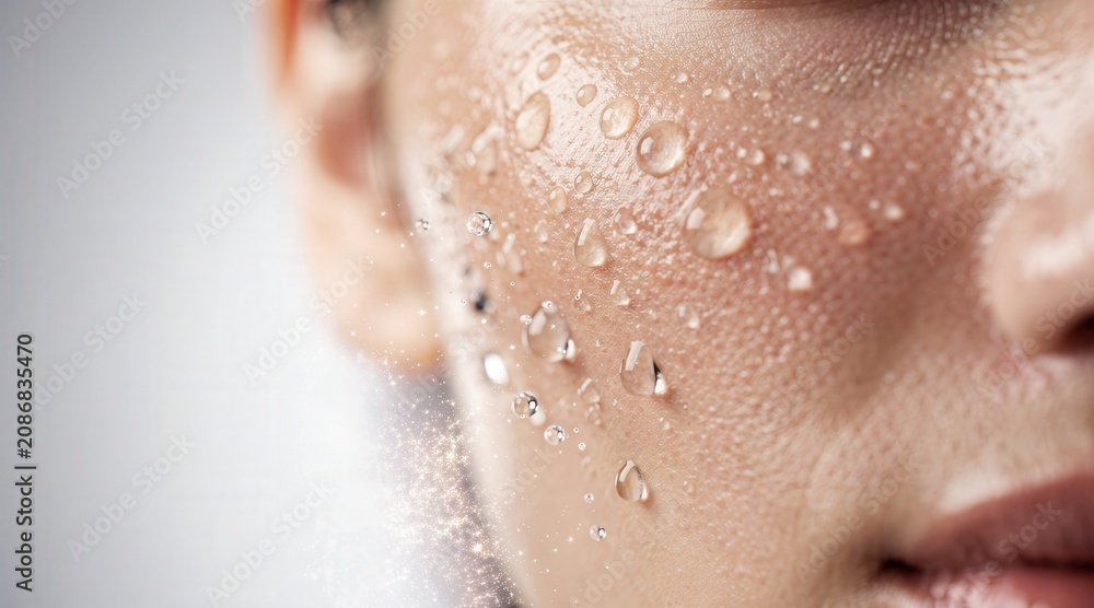 Fototapeta premium Close-up of hydrating serum application on clean skin for clinical skincare and wellness marketing