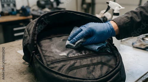 Maintenance worker uses a blue nitrile glove to wipe down the internal fabric of a tactical gear bag with a gray cleaning cloth.