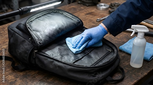 Technician cleans the interior lining of a black backpack using a blue cloth and a spray bottle.