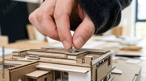 Architect attaches a small structural component to the roof of a complex cardboard house prototype.