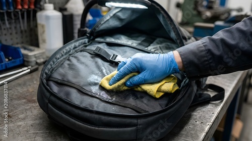 Worker wearing blue protective gloves wipes the interior of a black tactical backpack with a yellow cloth.