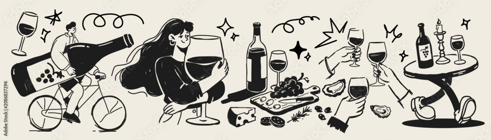 Obraz premium Simple Doodle Wine Elements Set. Sketch Stickers with Wine Lover Characters, Bottle, Glass, and Cheese Board. Badges for Wine Bar, Bistro Branding, and Social Media. Vector Collection