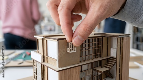Architect places a miniature balcony onto a detailed cardboard house model in a bright design studio.