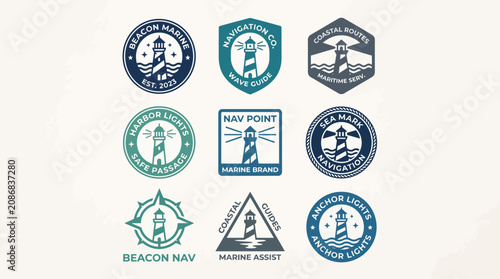 Collection of nautical lighthouse logo designs.