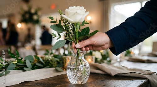 White rose accented with fresh green eucalyptus leaves is arranged by a hand into a decorative vase.