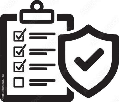 A black and white icon of a clipboard with a checklist and a shield
