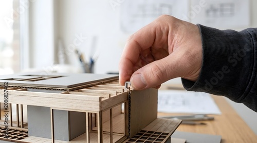 Architectural model receives a tiny structural component placed carefully by a designer's hand.