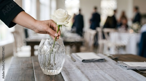 Hand places a single white rose into a crystal glass vase on a rustic wooden table set for a wedding.