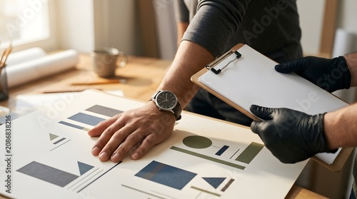Architect reviews geometric blueprints on a wooden table while wearing a wristwatch and black protective gloves.